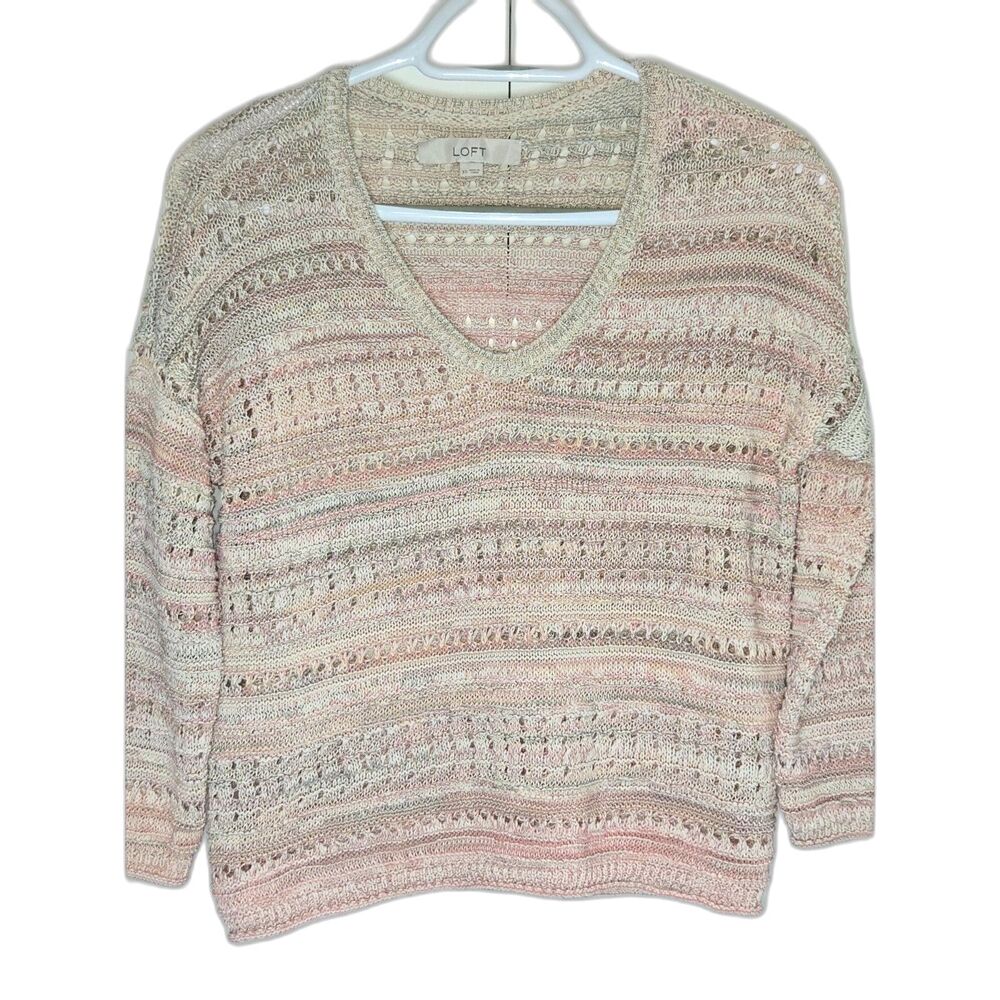 LOFT Open Knit Sweater | Women's Size XS | Pink Cream Striped V-Neck Pullover